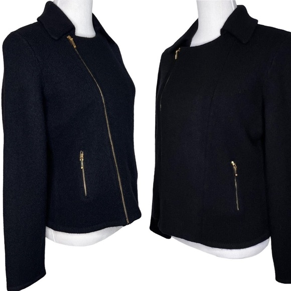 Lauren Ralph Lauren Black Lambswool Gold Tone Asymmetric Zip Moto Style Sz L - Picture 6 of 14